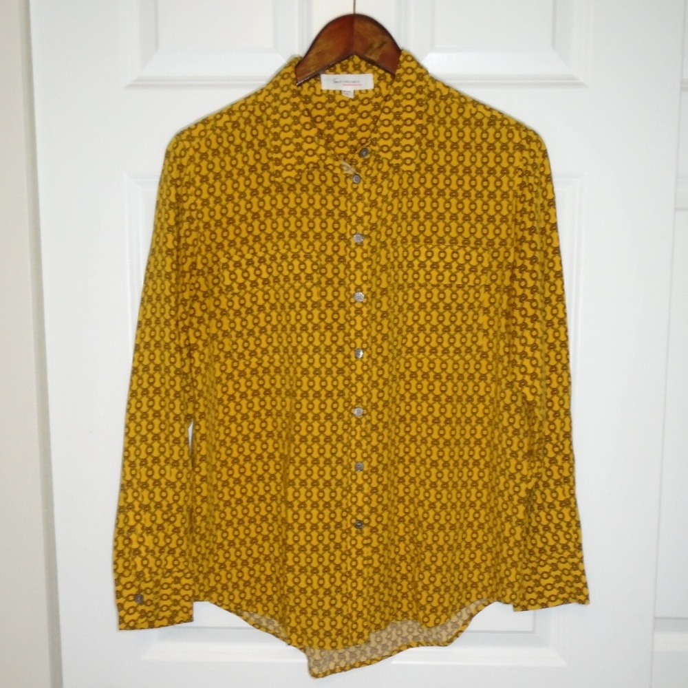 Two by Vince Camuto Blouse Top Shirt Yellow Chain Link Geometric Retro 70s